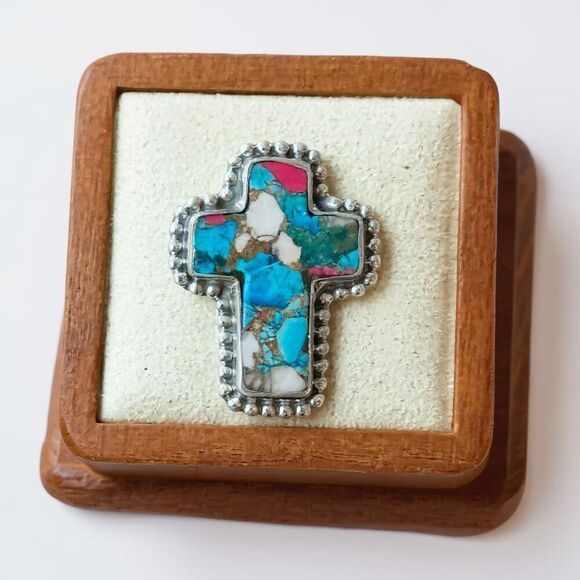 Large Cotton Candy Turquoise Cross Western Statement Ring Sterling Silver Sz 6 - Picture 1 of 6